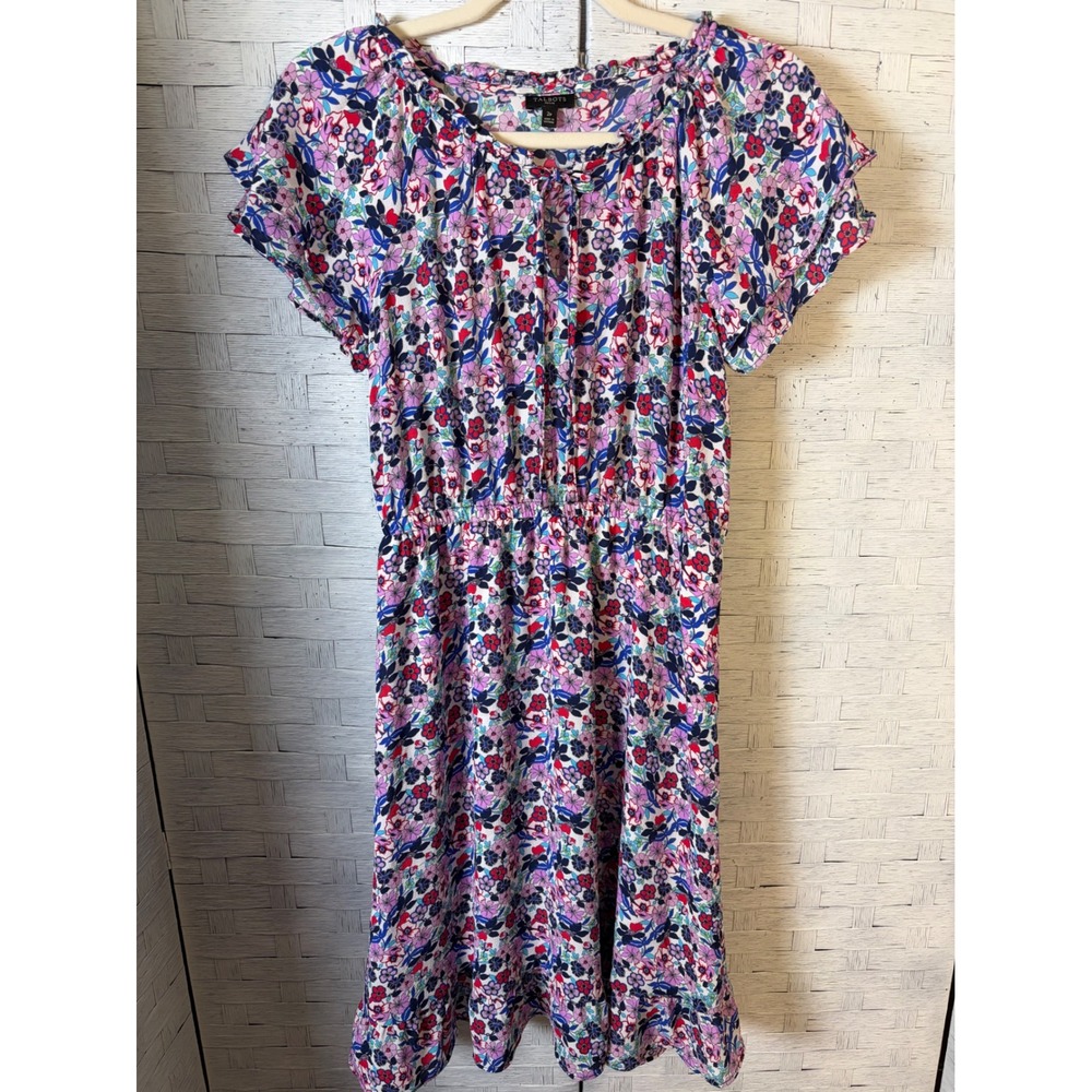 Talbots women's dress Petite Floral Flutter Sleeve Elastic Waist Pink VN5235